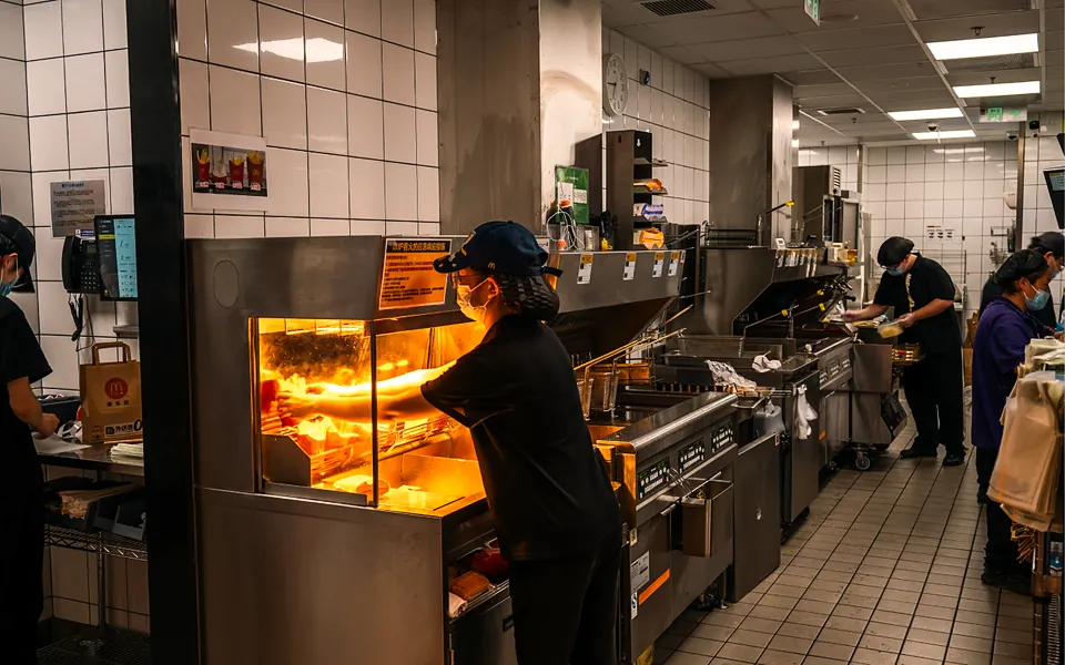 Staff working the line in a busy quick service restaurant kitchen