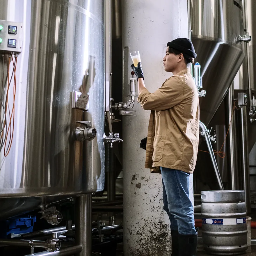 Brewery owner checking a sample beside stainless steel fermentation tanks